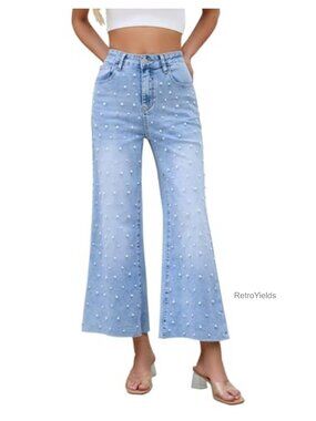 Wide Leg High Waisted Pearl Embellished Jeans